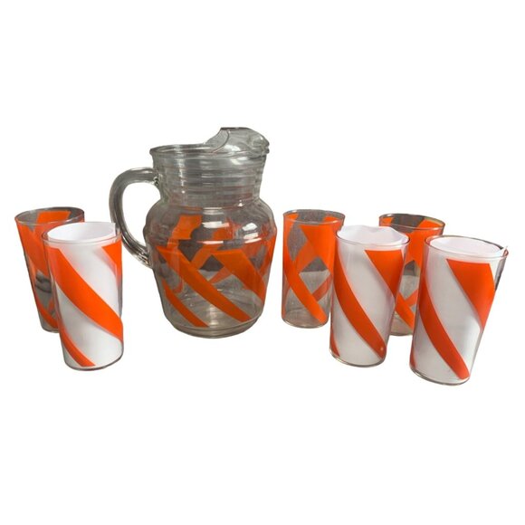 Vintage Orange Swirl 6 12oz Glasses & Pitcher Mid Century Set - Picture 1 of 13